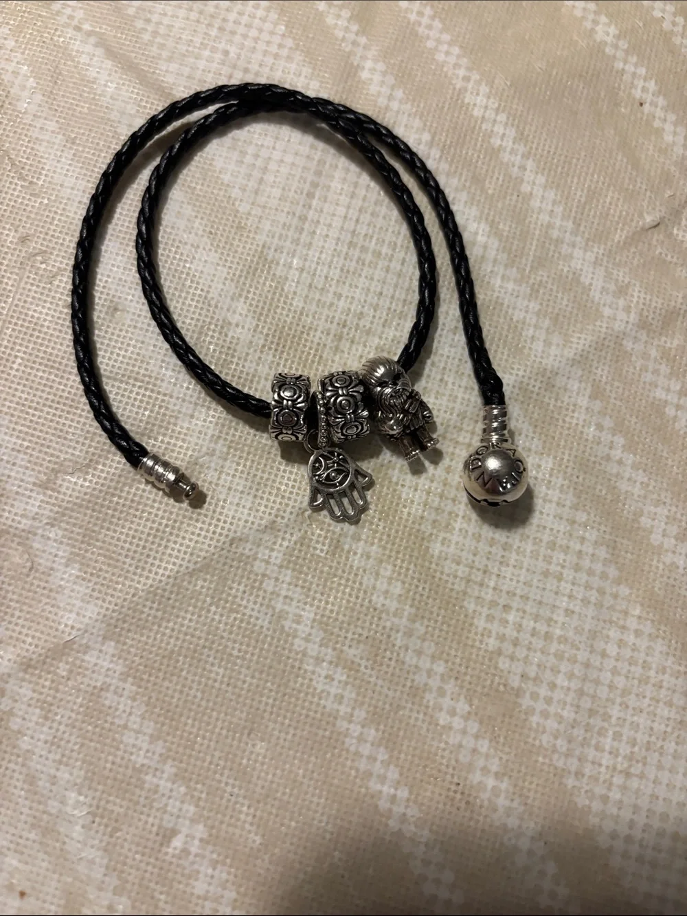 Pandora Black Braided Leather Bracelet with Silver Hamsa and Decorative Charms